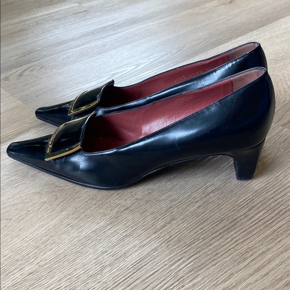 Sergio Rossi Black Leather Pumps Gold Buckle Square Toe Heels Classic Designer - Picture 3 of 13